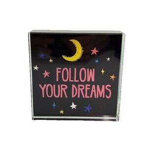 Follow Your Dreams Inspirational Quote Decorative Glass Block Plaque Moon Stars‎